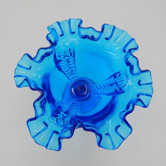 Fenton Colonial Blue Drape Pattern Ruffled Candy Dish Compote 6 Inch - Picture 5 of 6